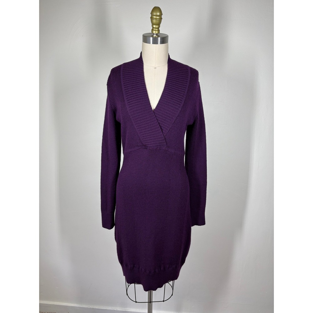 Athleta Innsbrook Sweater Dress Small Purple Merino Wool V-Neck Ribbed Cozy